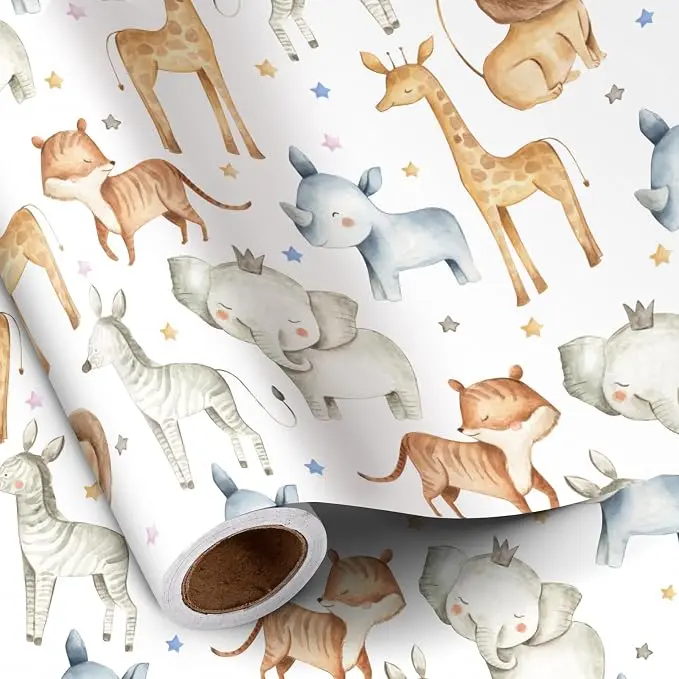 RUSPEPA Jungle Animal Wrapping Paper Roll for Kids, Mini Roll 17 Inch x 16.4 Feet, Cute Woodland Animals Bear Fox Deer Bunny Design Gift Wrap Paper, Forest Theme Wrapping Paper for Baby Shower, Birthday Party, Nursery Celebration