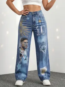 JR JEANIUS WEAR Women's High Waist Wide Leg Denim Jeans - High Stretch Light Wash, Argentina #10 Football Star Graphic Print, Casual Oversized Breathable Streetwear Semi Baggy Piece for Everyday Outdoor Use