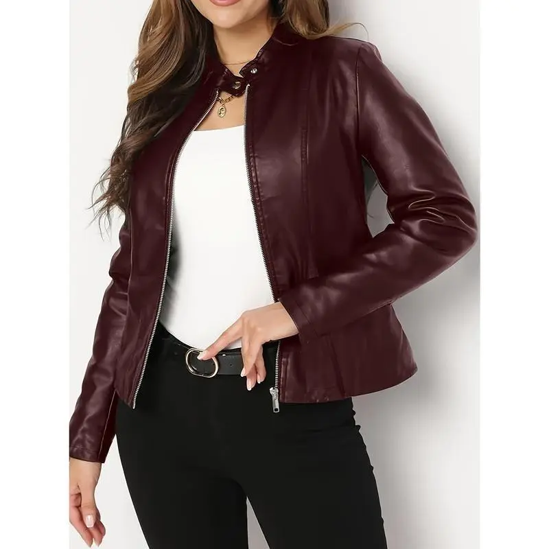 Women's Elegant PUPU Leather Jacket - Full-Zip Long Sleeve Motorcycle Coat with Stand Collar, Golden-Tone Hardware & Smooth Leather Texture, Spring/Fall Outerwear for Casual & Formal Outfits (Black/Brown/Tan) - Non-Stretch Durable Leather, Zippered Pocke