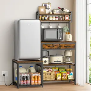 Mini Fridge Stand with Power Outlet, 5-Tier Kitchen Microwave Stand with Storage Drawers & Hooks, Industrial Coffee Bar Station for Dorm, Apartment, Rustic Brown