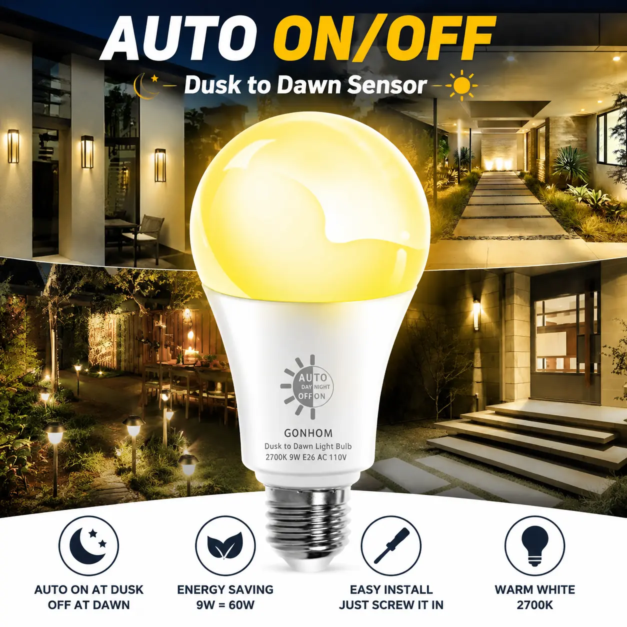 Auto On Off Outdoor Light Bulb for Porch Garage Front Door | Dusk to Dawn Sensor