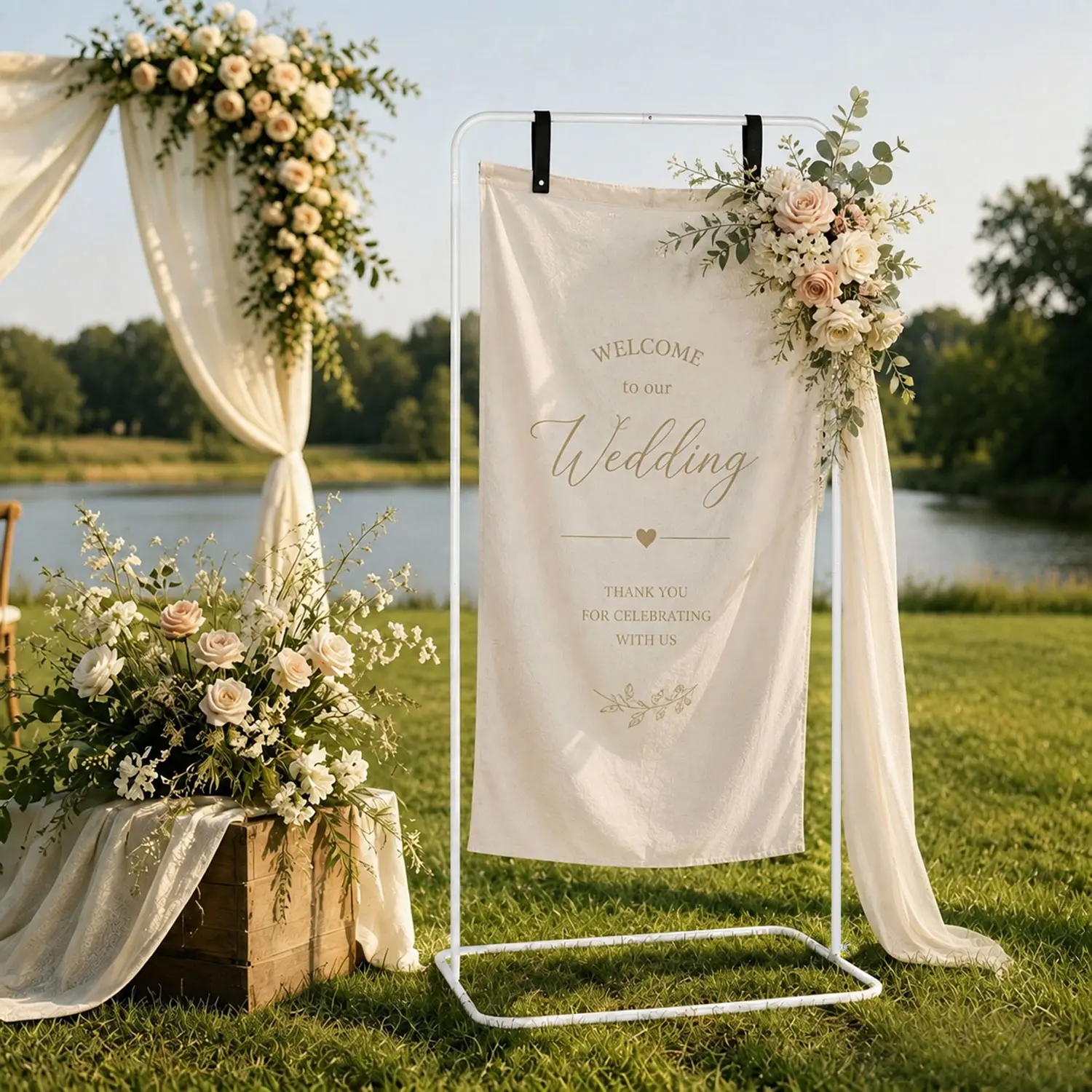 VINCIGANT Wedding Sign Holder, Adjustable Welcome to Our Wedding Sign Stand  Bundle & Leather Sign Hanging Straps, Heavy Duty Easel Stand for Sign, Wedding Seating Chart Stand, Easel for Display (White)
