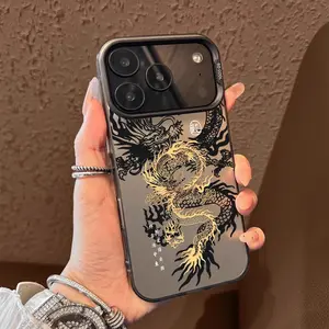 Gold and black dragon pattern fashion Pattern Case for iPhone 17 Pro Max 17 Air 16/15/14/13/12/11 Pro Max XR XS E Plus Retro High-end Shockproof Drop Screen Protection Cute Durable PC Smartphone Cover