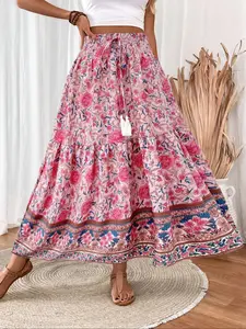 Women's Spring Summer Waist Cinched Bow Skirt, Boho Vacation Style, Vintage Floral Print, Suitable for Beach, Outdoors, Commuting, Home