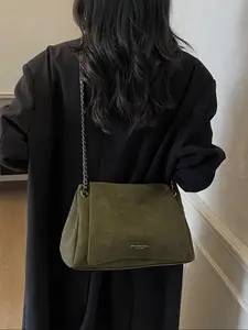 Fashion Vintage Solid Color Suede Fabric Flap Magnetic Closure Large Capacity Shoulder Commuter Bag, Perfect for Office, College, Work, Business, Travel