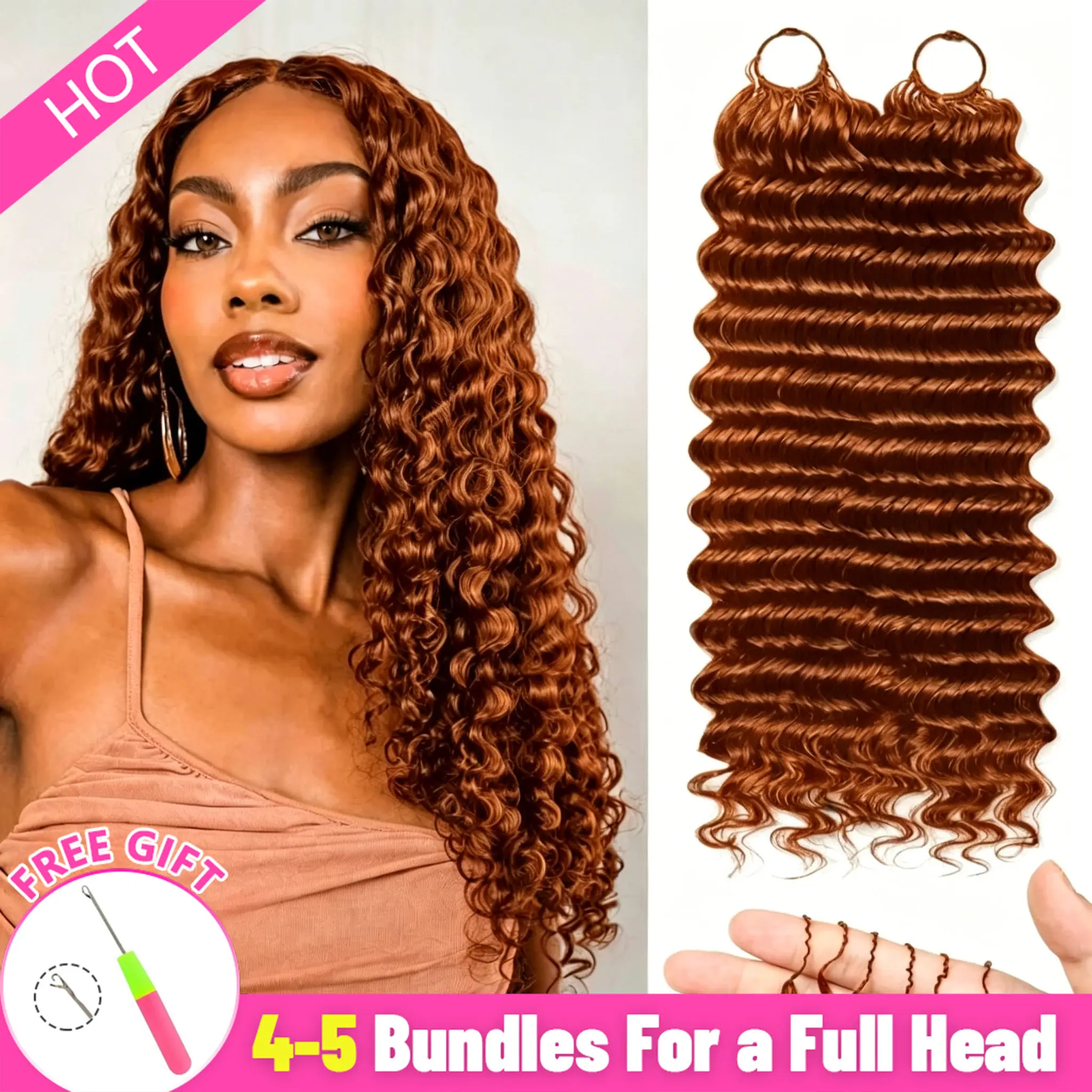 40Strands/Pack Dark Ginger Orange Deep Wave Feather Crochet Human Hair Tight Curly 33# Reddish Brown Pre-Separated Knotless Crochet Human Hair Extensions With Loop For Braiding
