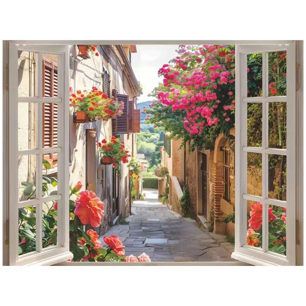Picturesque Window View, Cobblestone Italian Alleyway, Stone Walls With Vibrant Blooms, Distant Green Hills, Brightness And Romance Southern European Town, Diamond Painting Kit, Diy Kit Full Drill Square Drill Home Wall Decor, Gift