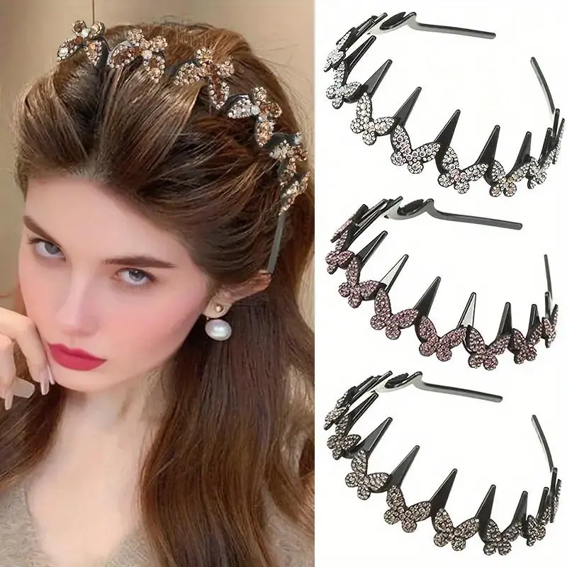 Elegant Wavy Headband for Women Non-Slip Butterfly Crystal Hairband Lightweight & Durable Plastic Accessory for Weddings, Parties & Everyday Styling Perfect for Year-Round Wear