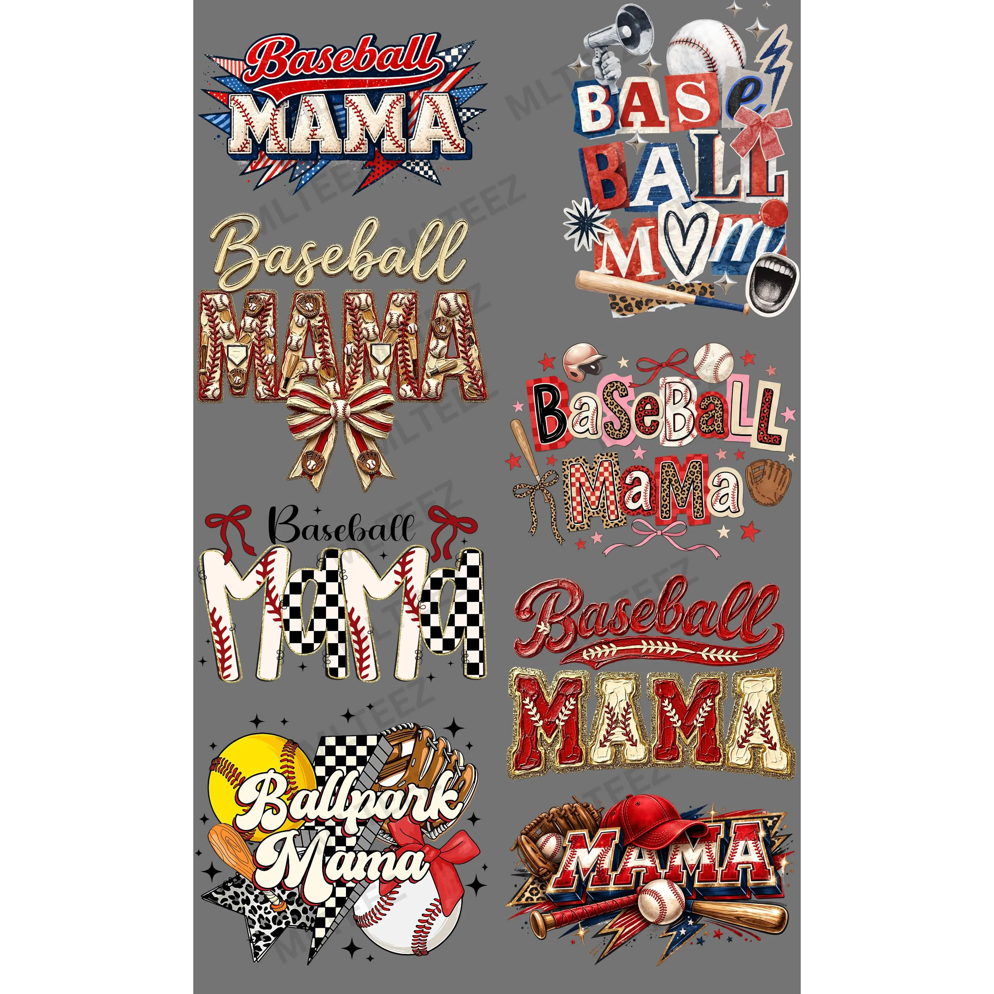 BASEBALL MAMA (5) PREMADE GANGSHEET - 22X36 DTF TRANSFERS - DIRECT TO FILM