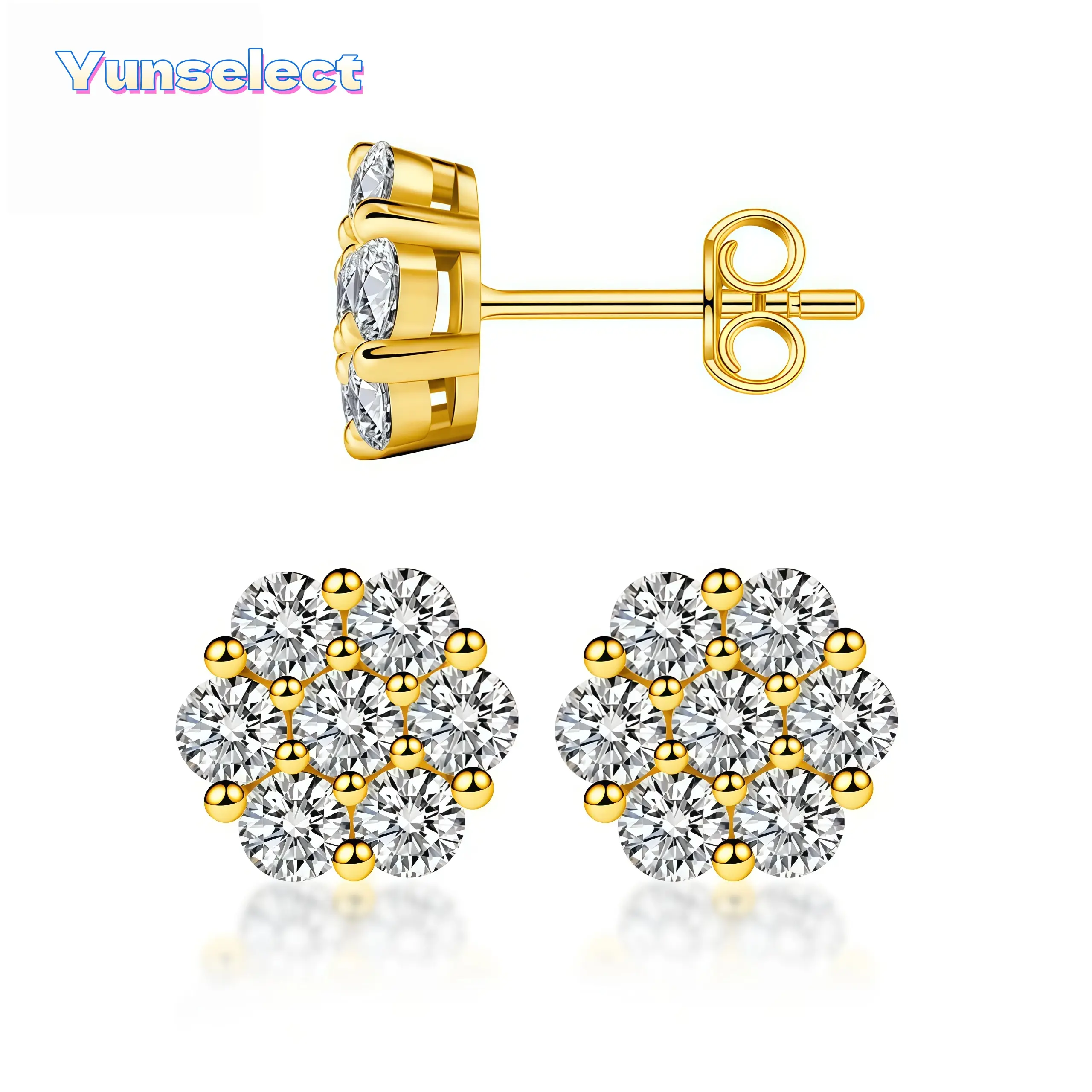 S925 Sterling Silver Post Iced Out Flower Stud Earrings - 14K Gold Plated Bling Sparkly Round Studs, Hypoallergenic Men Women Jewelry