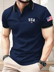Men's Patriotic American Golf Shirt, Button Front, Lightweight, Geometric Pattern, Short Sleeve, Casual Fit, Summer Outdoor Wear, Golfing Apparel