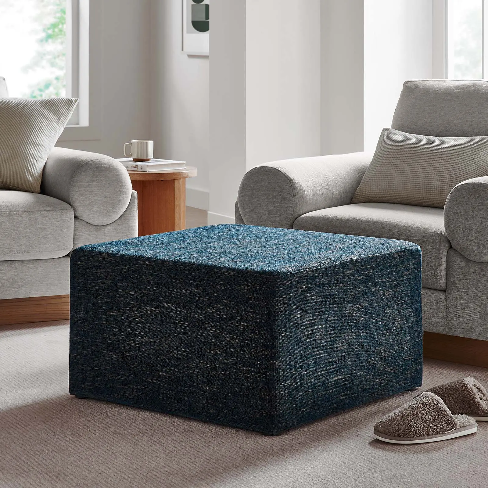 Modway Callum Multifunctional Ottoman Footstool - 28" Square Indoor Furniture with Woven Heathered Azure Fabric Upholstery, 506 lbs Capacity, Perfect Footrest, Coffee Table & Storage Organization for Living Room Decor