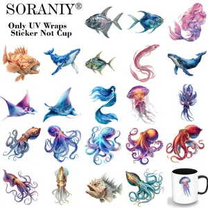 UV DTF Cup Transfer Stickers - 24Pcs/Set Watercolor Deep Sea Creature Theme UV DTF 16OZ DIY Mug Transfer Stickers For Cups Water Bottles Glass Jars Laptop Home Decoration DIY High Viscosity Transfer Paper Easy Peel HD Printing Crafts Exquisite Gift
