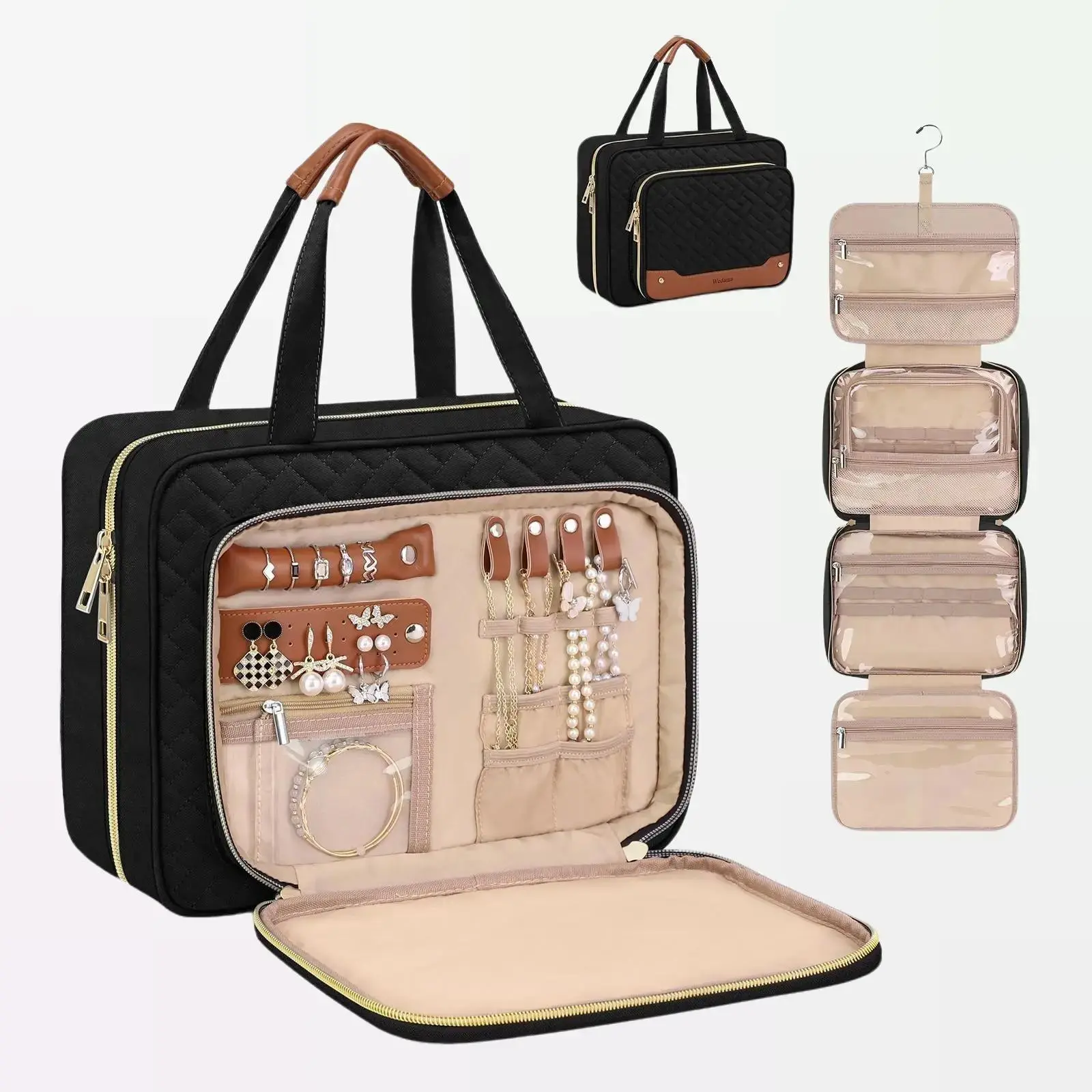 Wedama Makeup Bag with Hanging Hook Jewelry Organizer Makeup Cosmetic storage Partitioned storage Beauty Bag for Cruise Travel Weekender Gift Idea for Women Wife