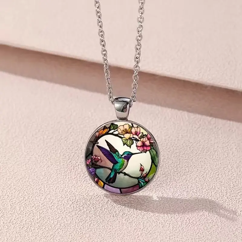 Vintage Stained Glass Hummingbird Necklace, Round Time Glass Floral Bird Pendant, Dainty Fashion Jewelry Gift for Summer Beach Outfits