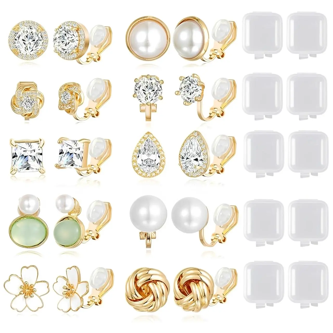 10 Pairs Clip on Stud Earrings Non Pierced Teardrop Round Square CZ Pearl Twist Knot Flower Butterfly Heart Star Rainbow Cat Opal Clip on Earrings for Women