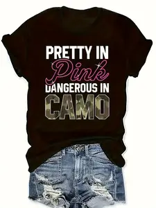 Women'S Casual "Pretty in Pink, Dangerous in Camo" Graphic T-Shirt - Black with Pink & Camouflage Print, Round Neck, All-Season Top, Casual Wear |   Playful Text Design |   Durable Fabric