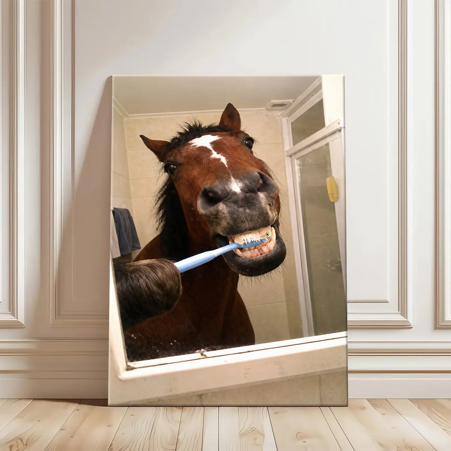 Funny Horse Brushing Teeth Print Poster - Waterproof Framable Home Decor Decoration - Artistic Bathroom Wall Art - Unique Gift for Horse Lovers - Plaid-Polka Dot Accent Wardrobe Complement