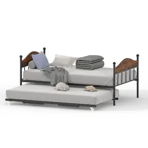 Garvee Twin Daybed with Foldable Metal Trundle and Stylish Headboard, Sofa Bed Frame Featuring Industrial Lockable Casters, Ideal for Living Room, Bedroom, and Guest Room in Brown Finish