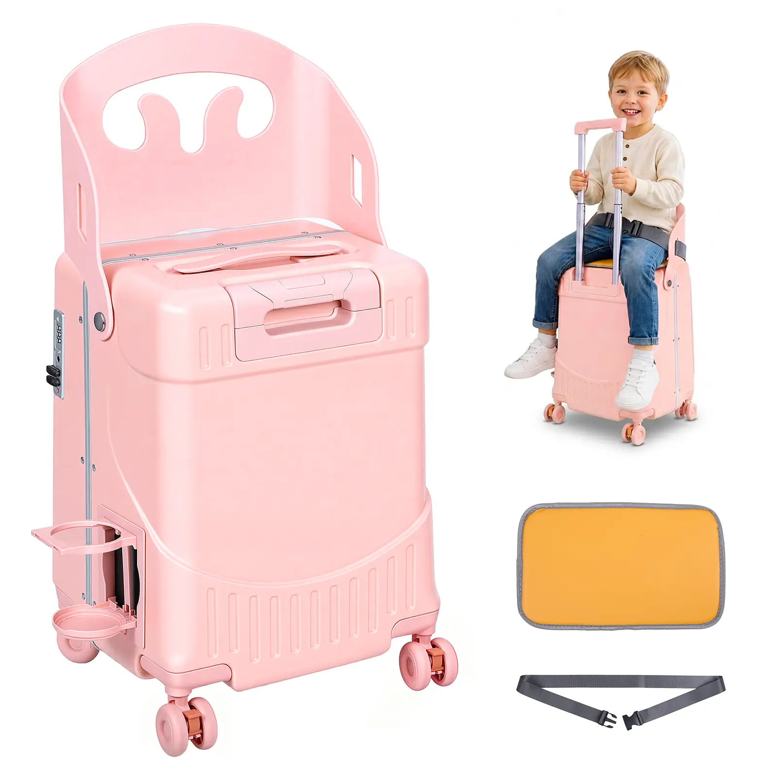 20" Carry-on Suitcase with Removable Seat, 360-degree Spinner And TSA Lock, Front-Opening Design, Ride-On Kids Suitcase for Kids Adults, Lightweight Hard Shell Suitcase for Travel, Supports 220 Pounds