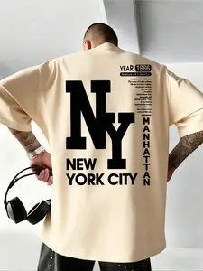 Men's Ny Graphic Print Fitted Long Top T-Shirt, Vintage Manhattan Text, Neutral Earth Tone, Street Style, Streetwear, Casual Walks & Leisure Gatherings, Menswear