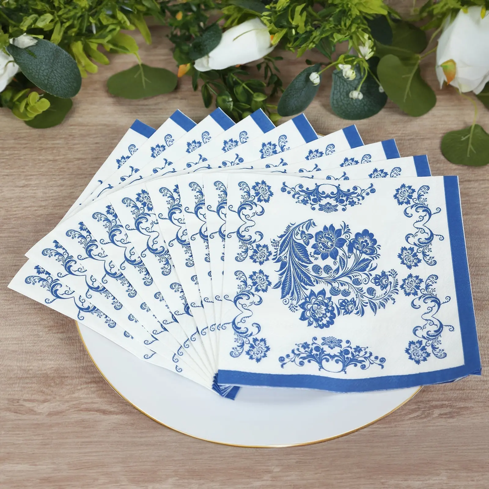Disposable 2-Ply Print Paper Beverage Napkins, 50-Pack White Royal Blue Damask Print Cocktail Napkins - Highly Absorbent, Soft for Wedding, Birthday Event Tableware, Restaurant Use Home Supplies