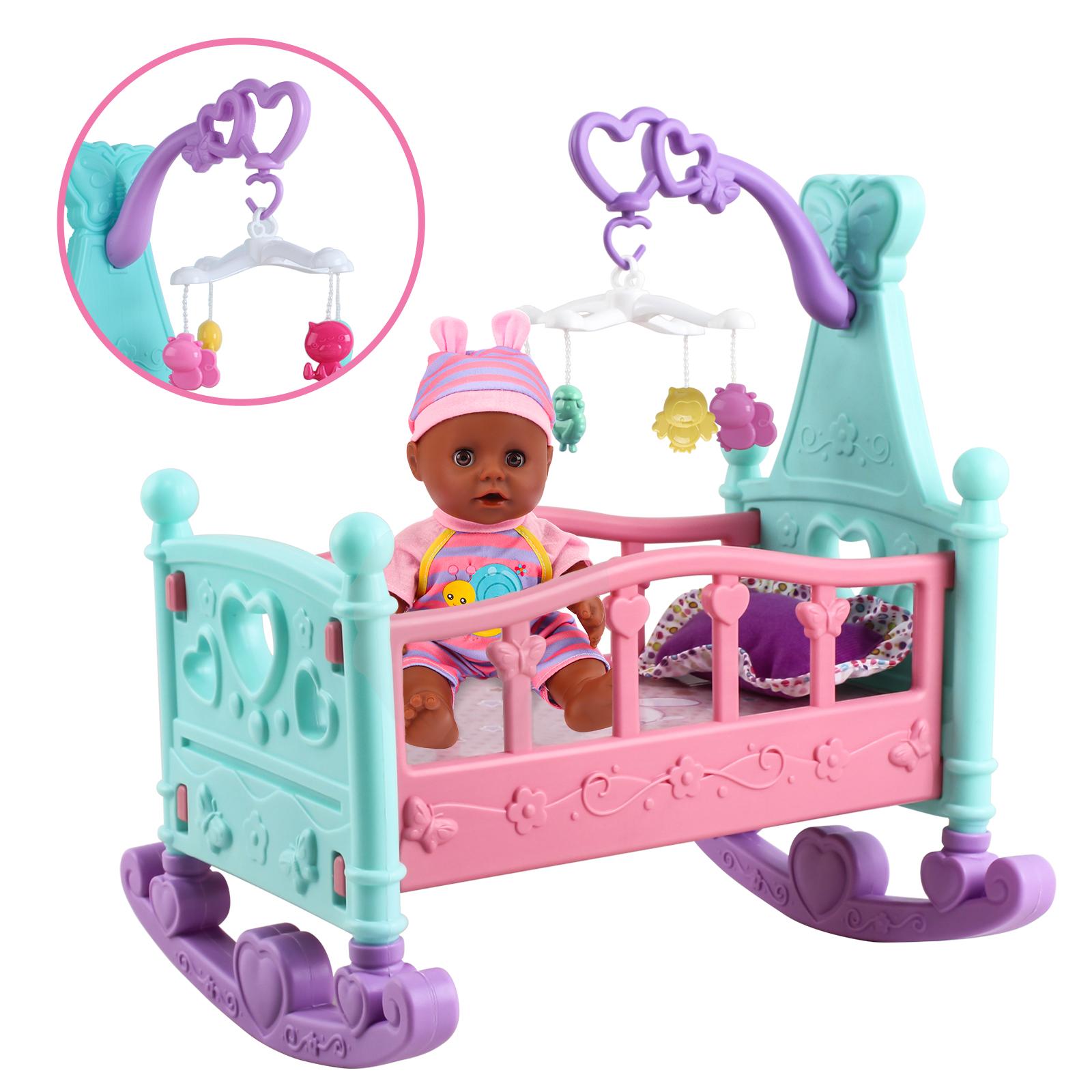 deAO Black Doll Set with Crib American Doll Set Mobile High Chair Stroller Feeding Accessories 21 Pieces Play Set (Doll Included)