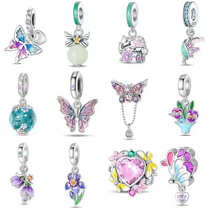 Spring Series Charms 925 Sterling Silver Butterfly Dragonfly Pink Daisy Pendant Beads Fit Original Bracelets DIY Jewelry