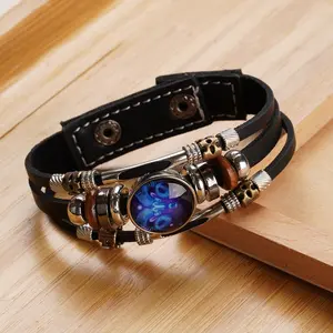 Twelve constellations popular luminous couple leather rope bracelet, student cross-border three-layer woven beaded four-in-one buckle leather bracelet, graduation season gift