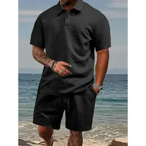 Men's summer casual texture fabric solid color polo shirt T-shirt shorts 2-piece set, loose fit suitable for casual sports, breathable and cool, essential summer outfit, comfortable and versatile  Menswear Plain