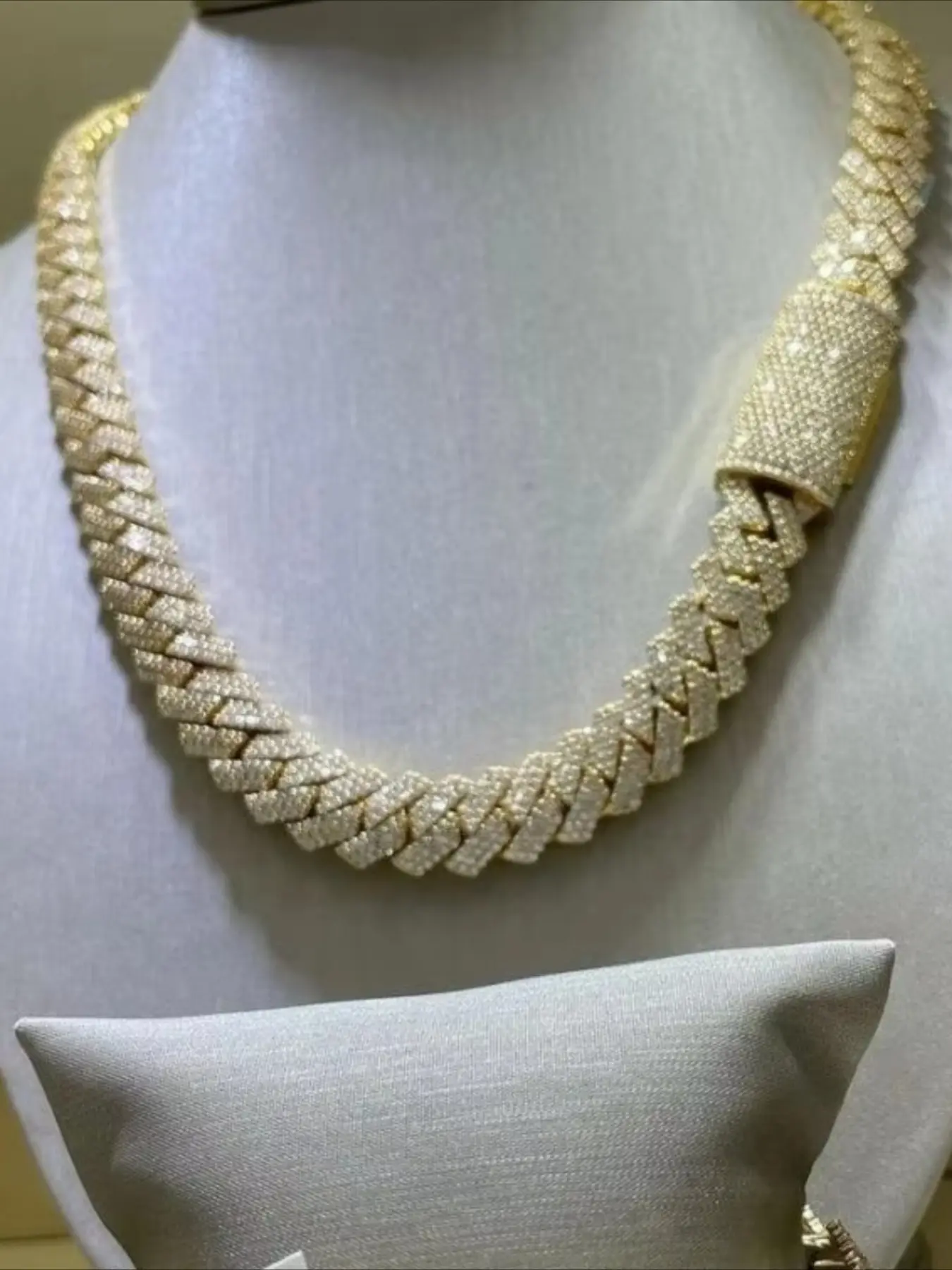 20Mm Chilled Necklace Cuban Chain Luxury Cubanas Custom Gold Plated Brass Claw Diamond Unisex Cuban Chain Necklace, Easter Thanksgiving Gift Unisex Gift, Prong Cuban Necklace