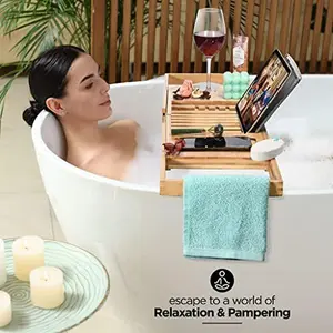 Luxury Bamboo Bathtub Tray - Wooden Expandable Caddy with Book, Tablet, Wine Holder - Gift Idea