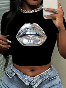 Women's Lip Print Round Neck Crop Top, Casual Slim Fit Short Sleeve T-Shirt, Summer Daily Wear, Graphic Style, Ladies Fashion
