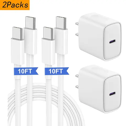 GQOHRT 2-Pack 20W Super Fast PD 3.0 Mobile Charging Chargers with 6FT/10FT Type-C to C Cables, Safety Chip, Overheat Protection for iPhone 18/17/16/15, iPad Pro 12.9/11, Air, Mini, Smartphones & Devices