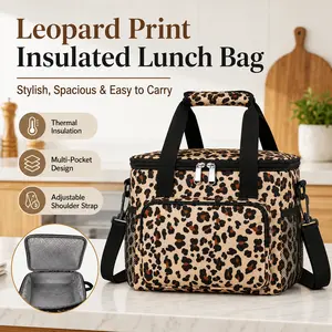 Insulated Reusable Durable Lunch Bag for Adults, Leopard Print, Adjustable Shoulder Strap, Front Zipper, Dual Mesh Side Pockets, Lunch Box Storage Organizer