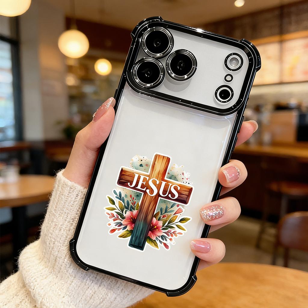 Floral Jesus Cross Phone Case for iPhone 11/12/13/14/15/16/17 Pro Max Plus & 17 Air, Gold Electroplated Religious Christian Cover DDSJ-260407028
