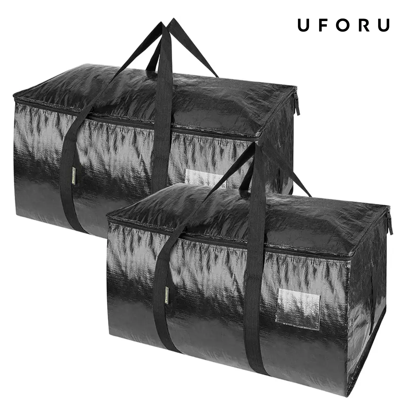 UFORU Eco-Friendly Black Large Heavy Duty Totes (2-Pack/6-Pack) - Visible Labels, Wrap-Around Handles, Multi Purpose Storage Organizer Supplies, Portable Storage Transportation Bag for Bedding, Travel (Back to School Alternative, Halloween Decorations)