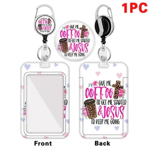 Retractable Nurse Badge Reel Belt Holder, 1 Count Coffee & Letter Pattern ID Badge Clip, ID Badge Holder for Women's Vertical ID Sleeve Men, Custom Lanyard