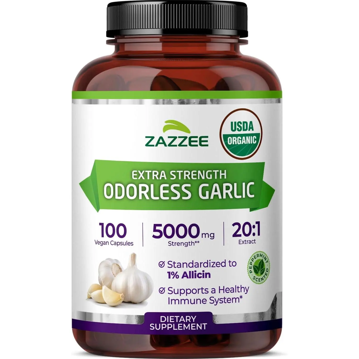 USDA Organic Odorless Garlic 20:1 Extract Capsules Supplement 1% Allicin Allium Sativum High Potency Pills for Immune Support Circulation Heart Health All-Natural Non-GMO Vegan Made in USA Daily Supplement 3 Month Supply 100 Capsules