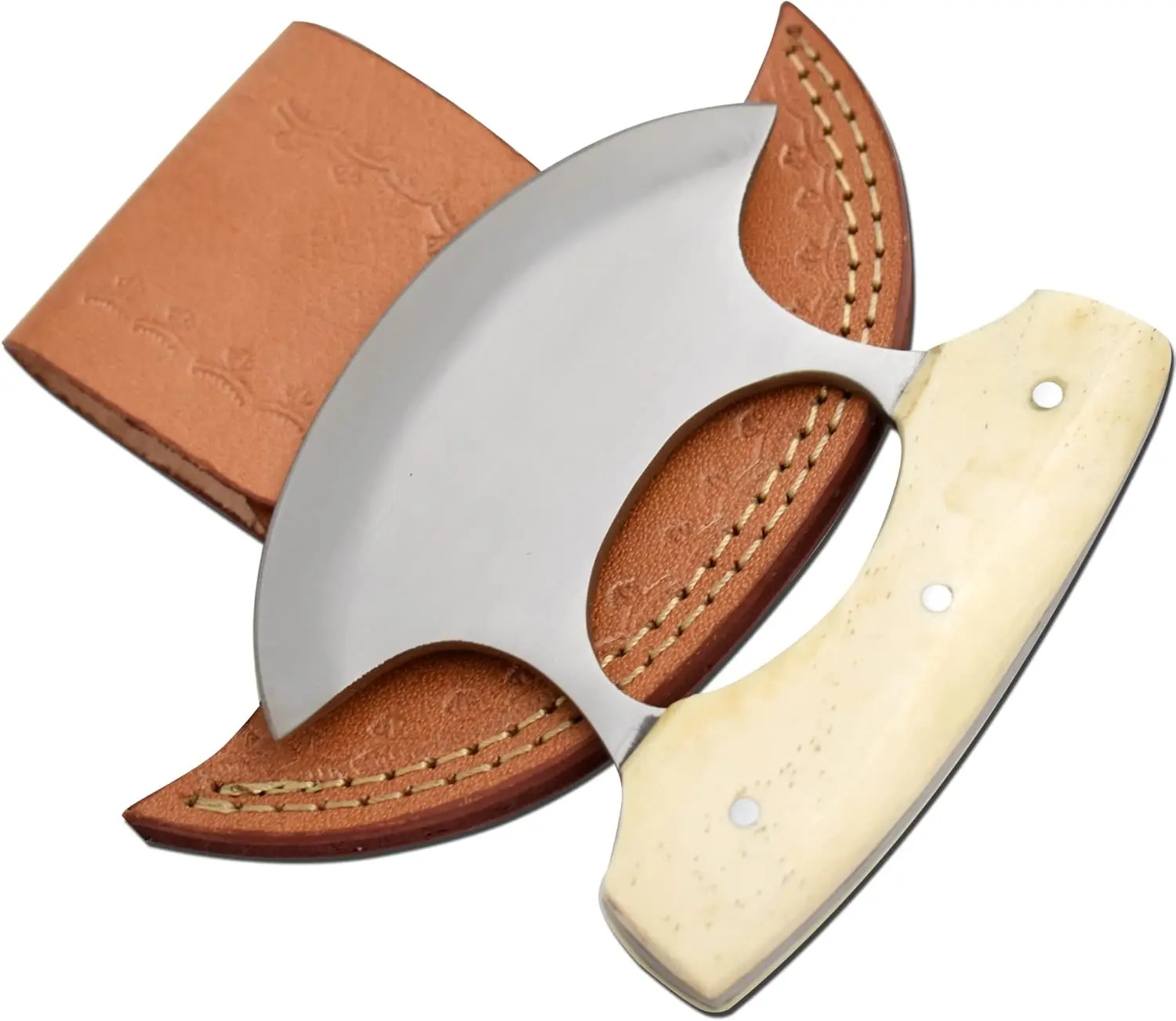 Wild Turkey Handmade Alaskan Ulu Crescent Shape Plain Blade Knife - 5" Ergonomic Bone Handle, Ambidextrous Design, Genuine Leather Sheath, Kitchen Knife - WT-5024B