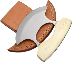 Wild Turkey - Handmade Alaskan Ulu Knife Crescent, 5" Bone Handle, Genuine Leather Sheath  - WT-5024B