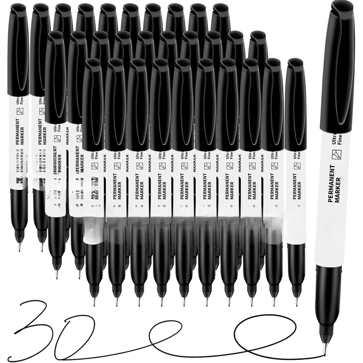 Black Ultra Fine Point Permanent Markers, Extra Fine Tip, Quick Drying and Waterproof, Fade Resistant Perfect on Paper, Glass, Metal, Plastic, Wood, Office & School Use, 30 Pack