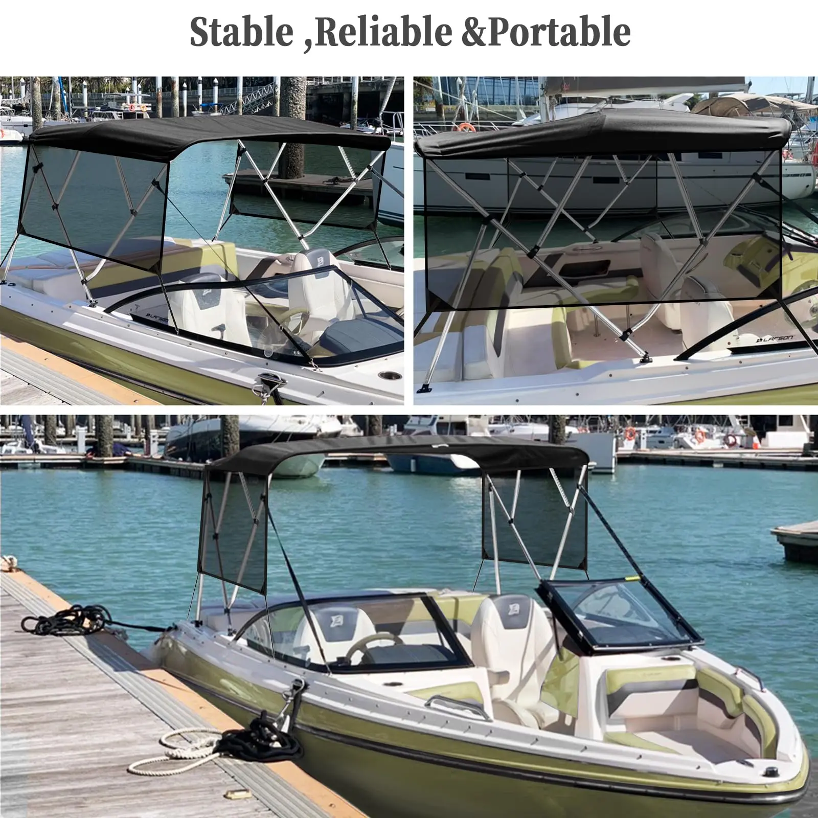 Heavy Duty Boat Bimini Top with Marine Grade Fabric, Aluminum Frame and Zippered Storage Boot, Adjustable Support Poles for Fishing and Boating