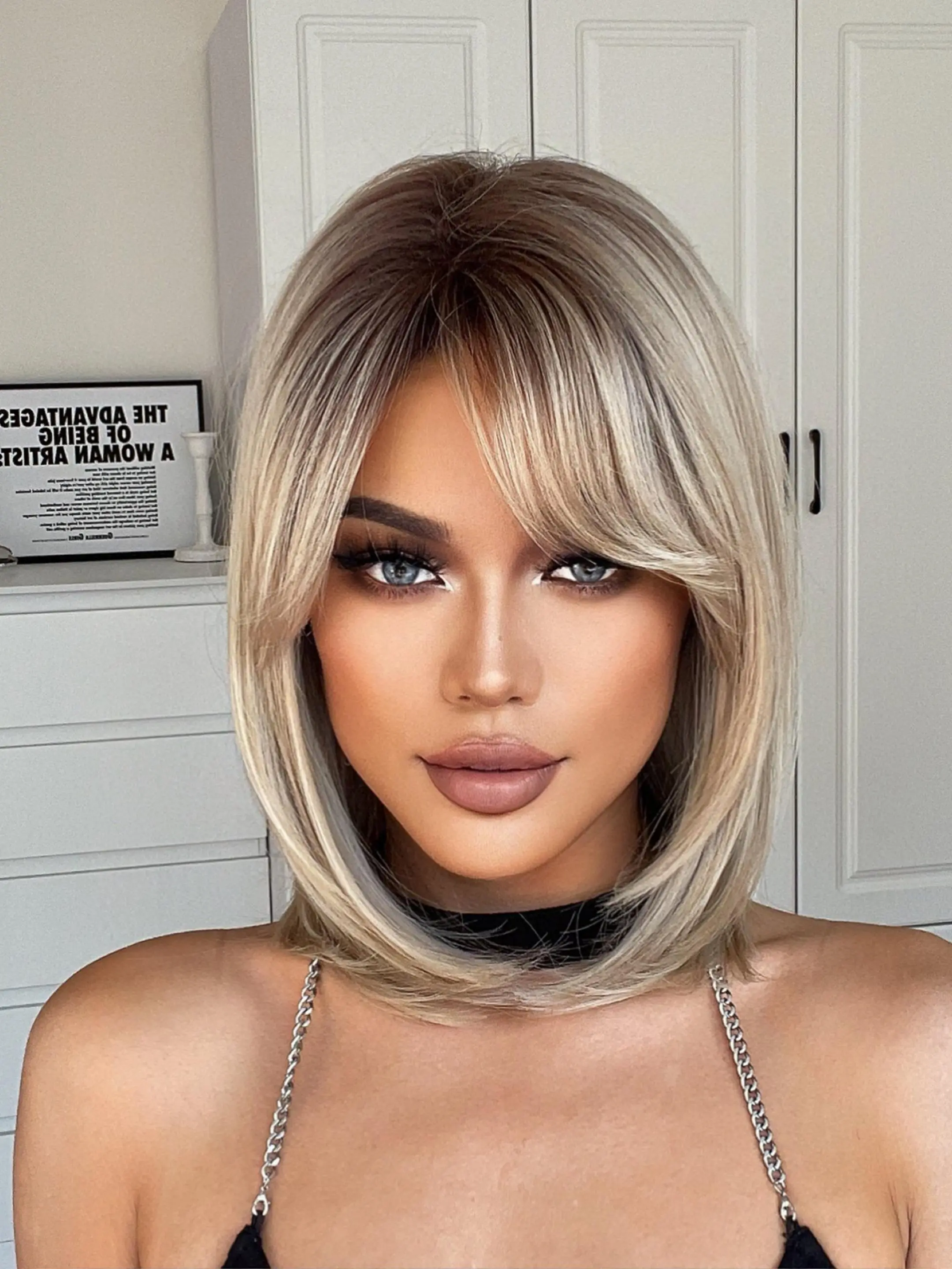 14 Inch Ombre Blonde Short Bob Wigs for Women, Bob Hair Wig, Gorgeous Fluffy Wigs with Bangs, Synthetic Full Machine Wigs for Party, Daily Use, Straight Bob Wigs
