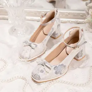 Tribal Style Mary Jane High Heels, Embroidered Fabric Upper, Round Toe, Bowknot Decoration, Square Heel and Non-Slip TPU Sole - High Heel Pattern Fabric High Heels, All Seasons Hand Wash - Huizhou Handmade Wedding and Banquet Shoes