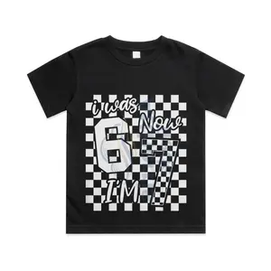 Kids Checkered I was 6 Now I'm 7 Birthday Seven Years Old Bday Cotton T-shirt, Graphic Print Round Neck Short Sleeve Casual Tee for Boys Girls