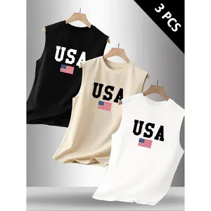 Men’s Summer Casual Fitted Sleeveless Vest, USA Flag Letter Print, Outdoor Sports Wear, Everyday Versatile