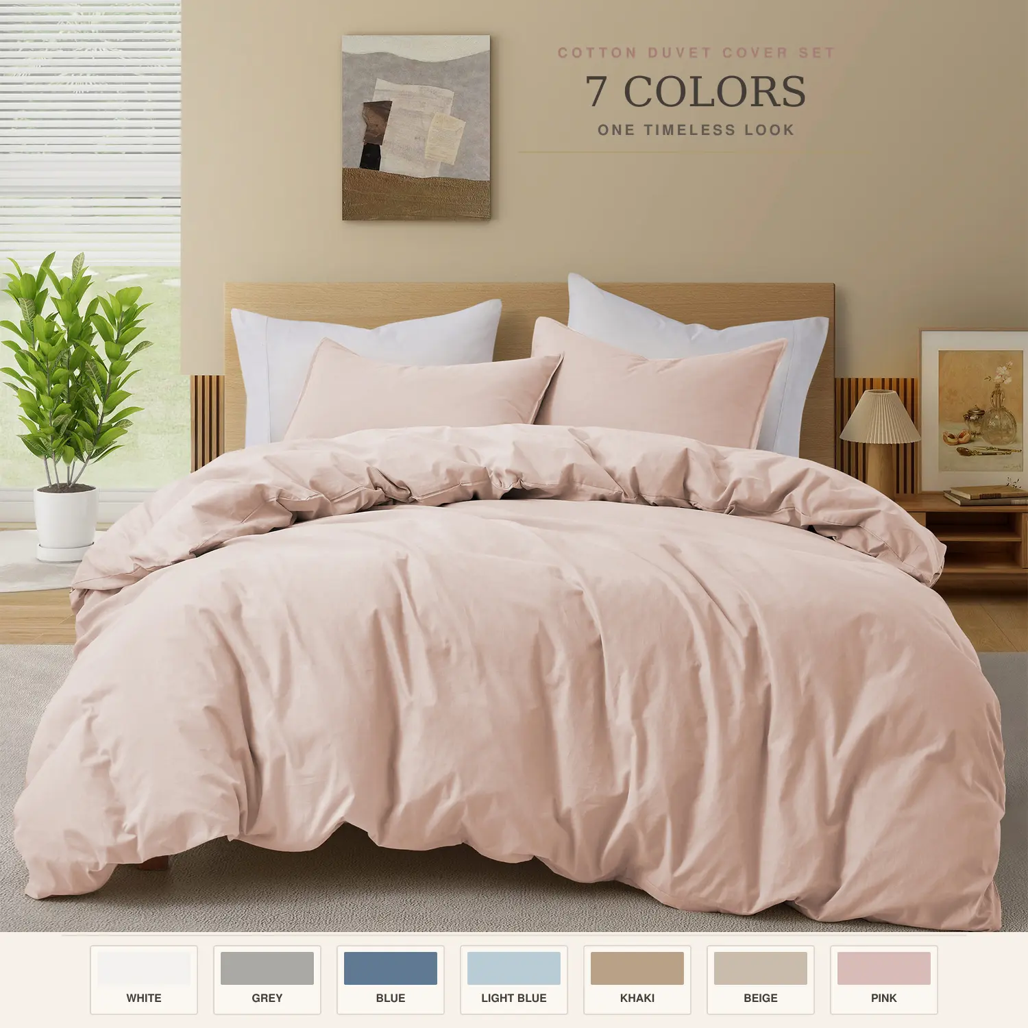 PEACE NEST 100% Cotton Duvet Cover Set, Soft Breathable Solid Bedding with Hidden Zipper & Corner Ties, Machine Washable