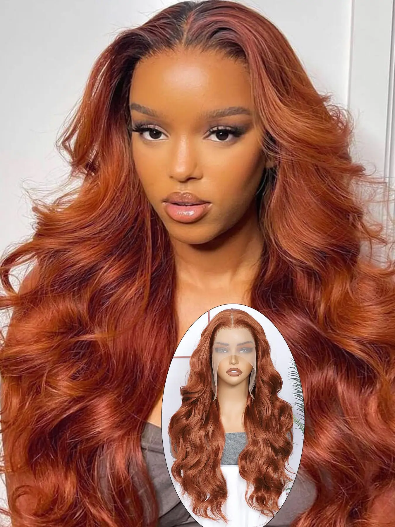24 Inch Burgundy/Ginger Long Body Wavy Wigs for Women, Gorgeous Fluffy Wigs without Bangs, Synthetic Heat Resistant HD Lace Front Wigs for Party, Dail