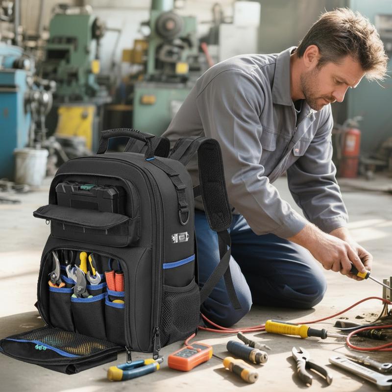 Professional Electrician Tool Backpack - Heavy Duty Waterproof with Removable Organizer, 59 Pockets Large Capacity for Technicians DIYers, 600D Oxford Fabric
